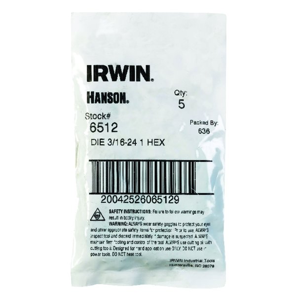 Irwin Hanson High Carbon Steel SAE Hexagon Die 3/16 in.-24NS  1 pc 6512